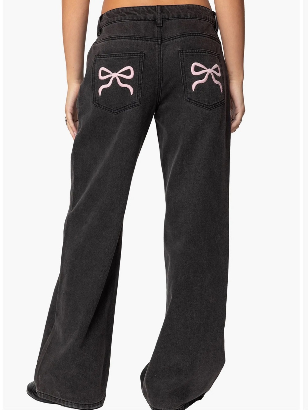 Edikted Black Wide-Leg Jeans with Pink Bow Pocket Embroidery